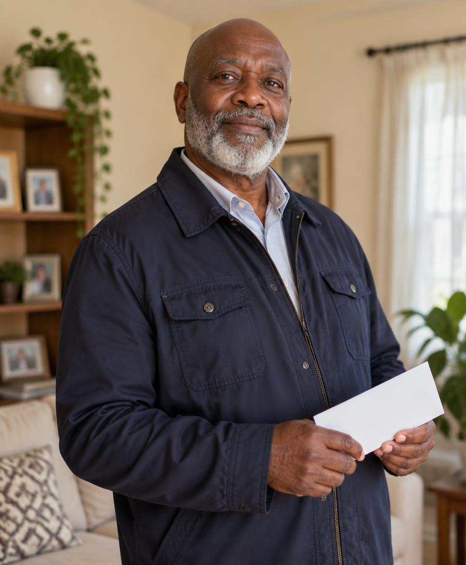 Client holding a claim letter at home