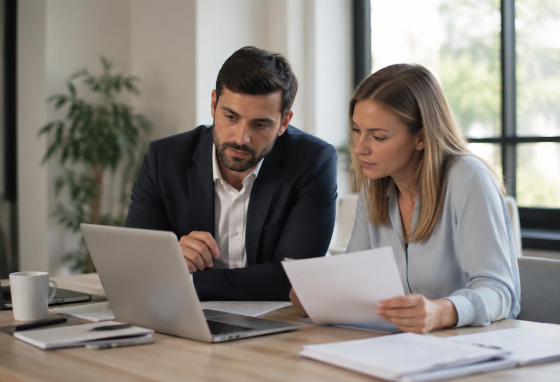 Specialists reviewing claim records together